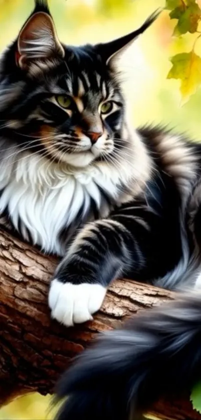 Majestic cat resting on a tree branch amidst vibrant leaves.