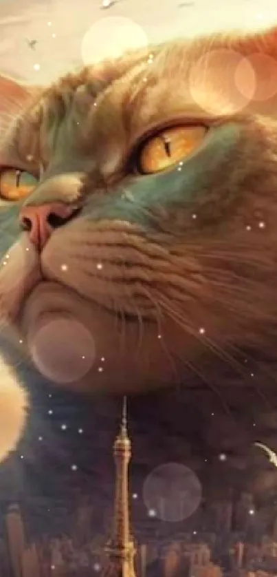 Majestic cat rises over a futuristic cityscape with planets in the sky.