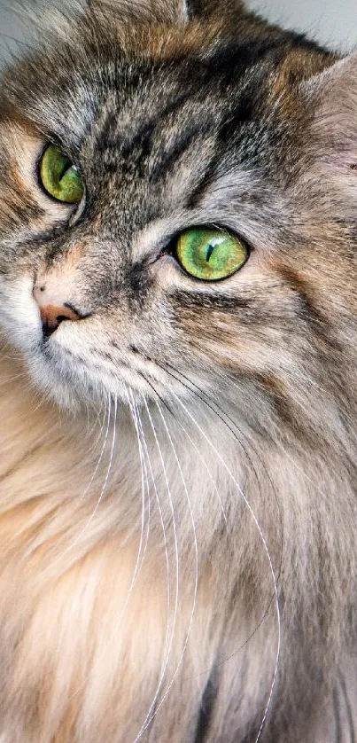 Majestic cat portrait with green eyes and lush fur coat.