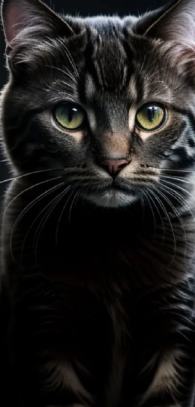 Majestic cat with green eyes on dark background.