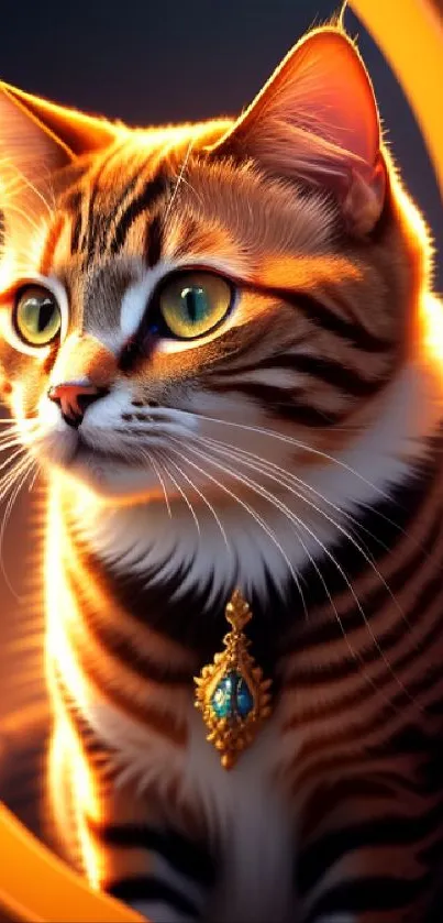 Majestic tabby cat with green eyes and a jeweled collar in warm lighting.