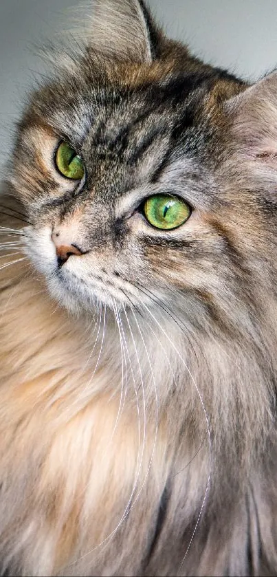 Majestic cat with green eyes and luxurious fur in a portrait.