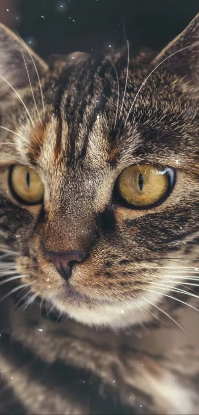 Close-up of a tabby cat with golden eyes, surrounded by small starry lights.