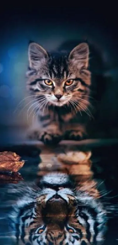 Majestic cat reflection on water with dark background.