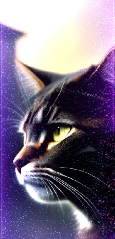 Profile silhouette of a majestic cat with glowing, radiant eyes.