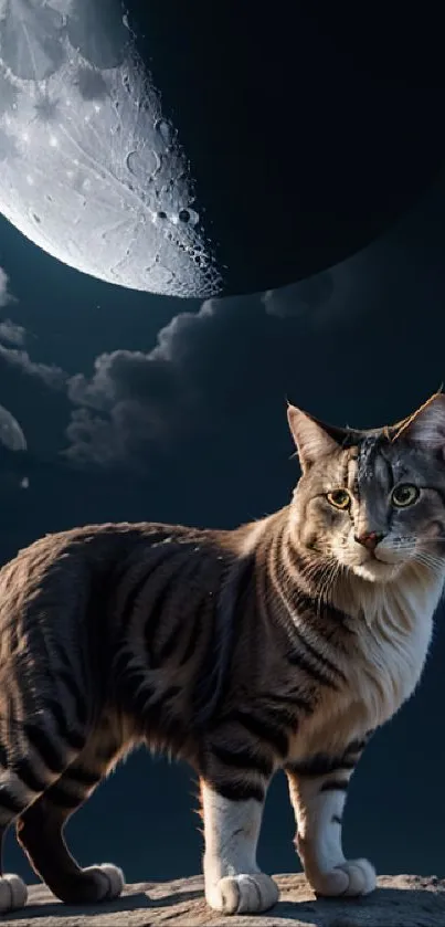 Majestic cat standing under moonlight on a clear night sky.