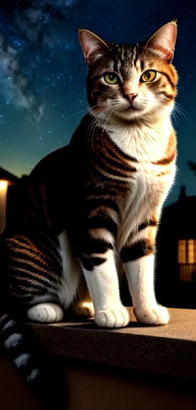 Majestic cat on wall under a starry sky.