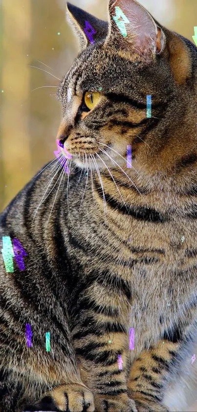 Majestic tabby cat with vibrant digital effects.