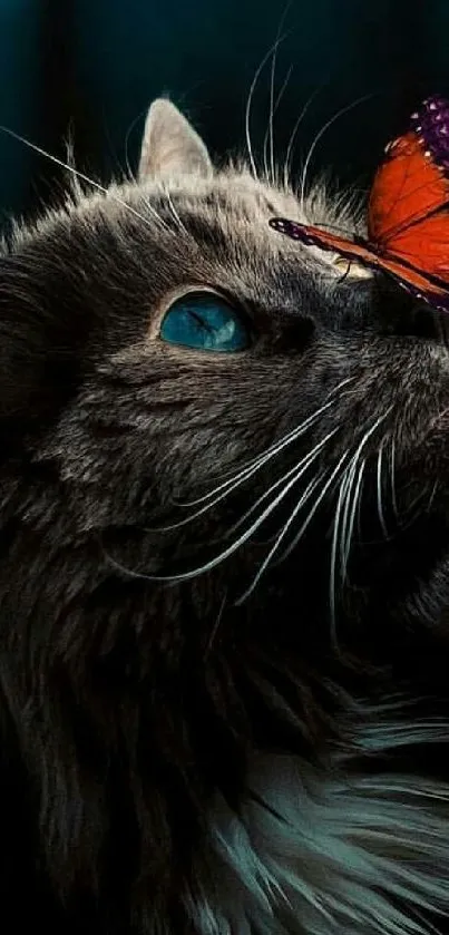 Close-up of a cat with a butterfly on its nose, blue eyes glowing.