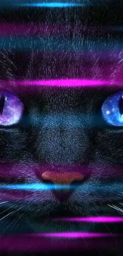 A black cat with cosmic galaxy eyes on a dark background.