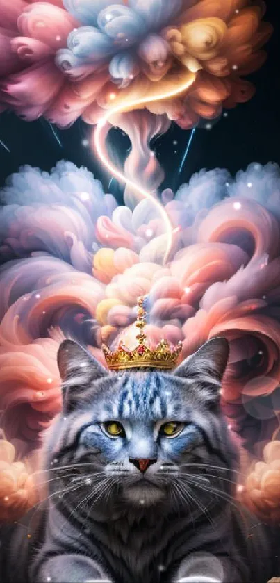 Majestic cat with crown, colorful clouds.