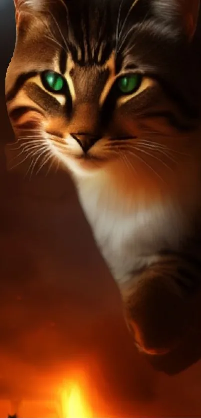 Majestic cat with green eyes in fiery background mobile wallpaper.