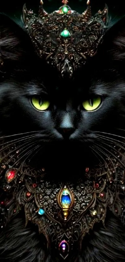 Majestic black cat with a jeweled crown and glowing green eyes on a dark background.