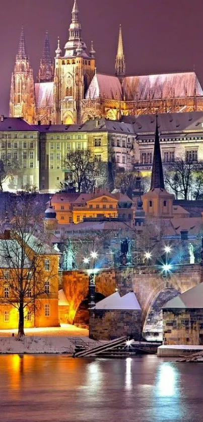 Majestic cathedral illuminated at night with a purple sky backdrop.