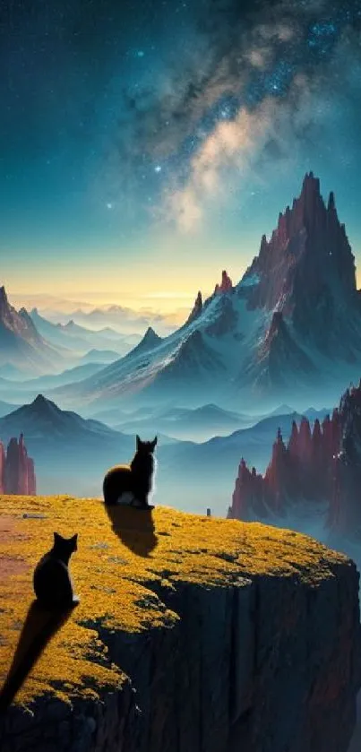 Two cats on a cliff with mountains under a starry sky.