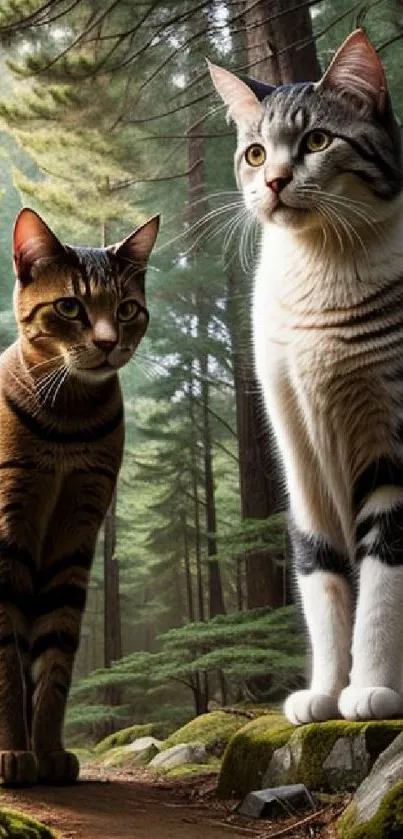 Two majestic cats sit in a lush, green forest setting.