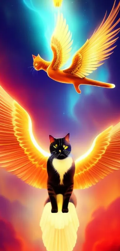 Majestic cats with fiery wings soar through a vibrant, colorful sky.