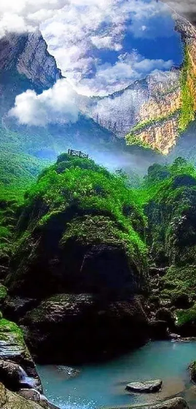 Majestic view from inside a lush cave with blue sky above.