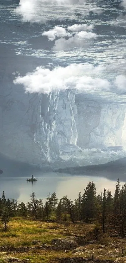 Scenic cave and lake landscape with lush greenery and distant mountains.