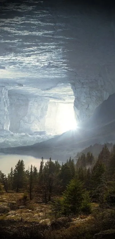 Cave landscape with sunlight and trees creating a serene and majestic scene.