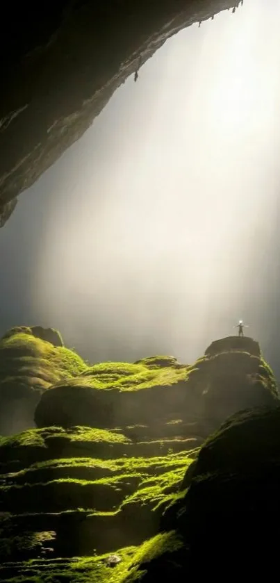 Person stands in sunlit cave with green mossy rocks.