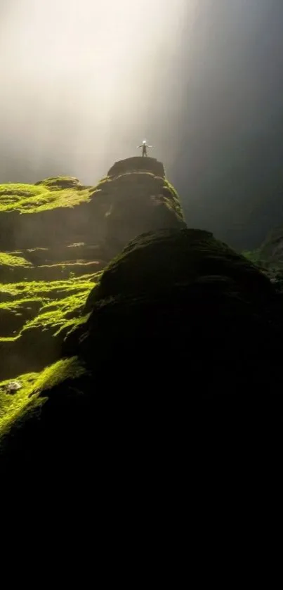 A stunning cave scene with sunbeams and lush greenery for mobile wallpaper.