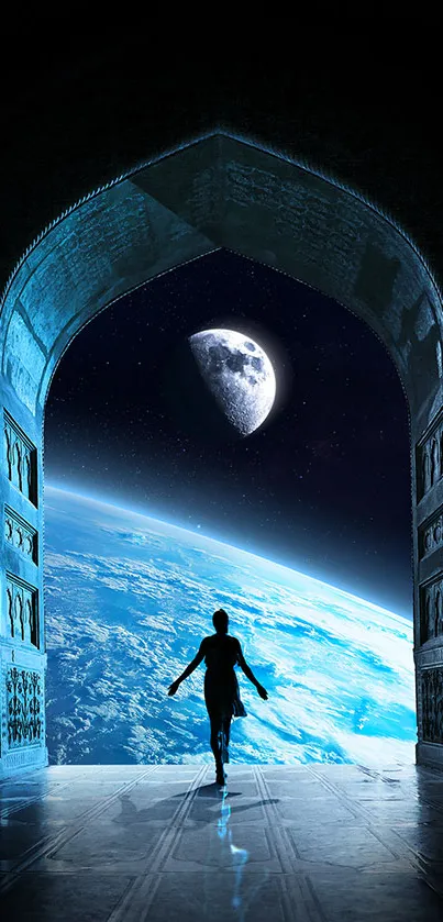 Silhouette at ancient gates revealing Earth and moon view.