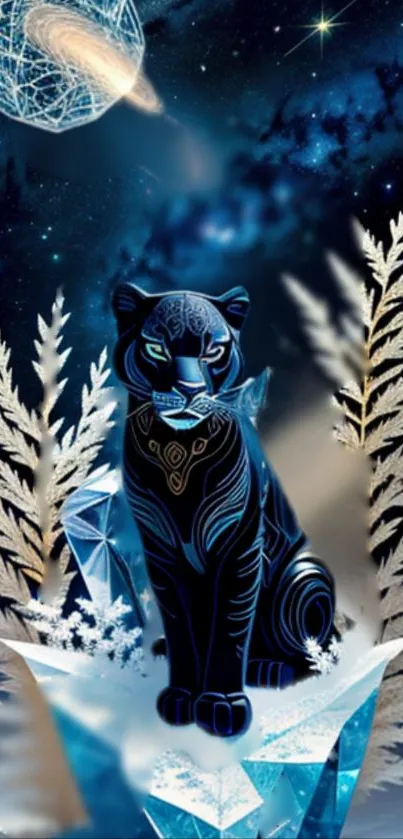 Mystical navy panther in cosmic blue decor with stars.