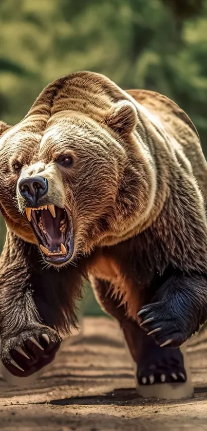 Roaring bear in a forest setting.