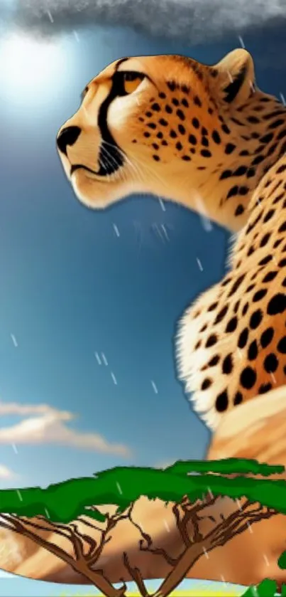 Artistic cheetah wallpaper with blue skies.