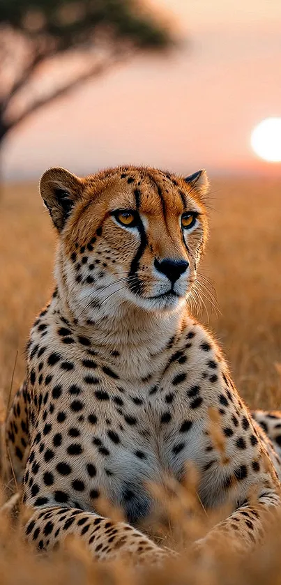 Cheetah lying in the savannah during sunset with a tree in the background.