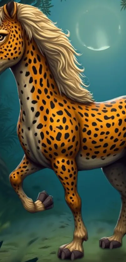 Cheetah-horse hybrid in moonlit jungle setting.