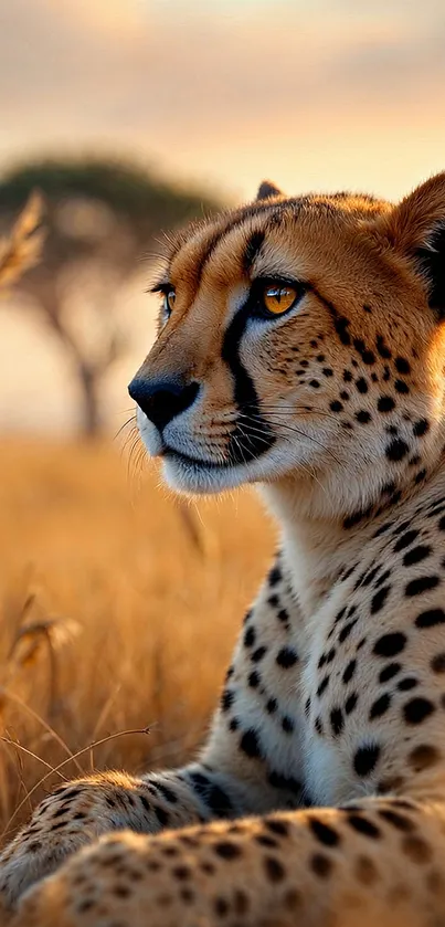 Majestic cheetah resting in a golden savanna with a distant tree.