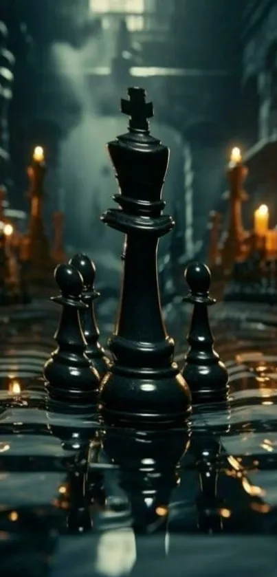Majestic chess pieces with candle glow on a reflective surface.