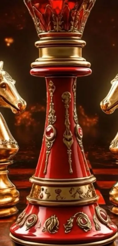 Luxurious red and gold chess pieces wallpaper.