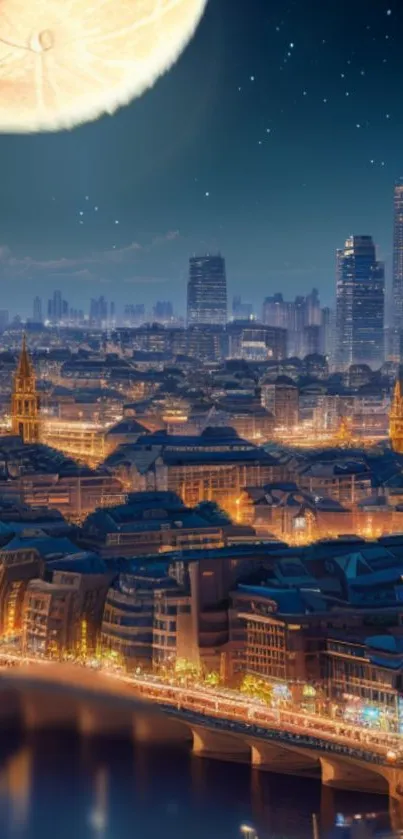 City skyline at night under a bright moon.