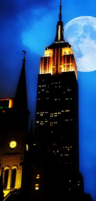 Night cityscape with moon and skyscraper over blue sky.