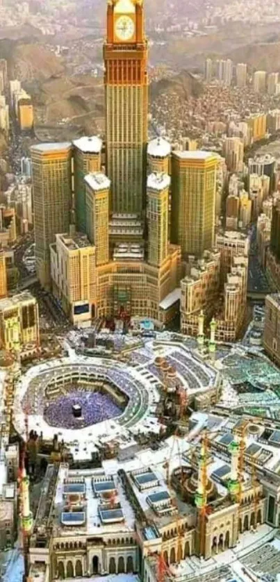 Aerial view of Mecca cityscape with clock tower.