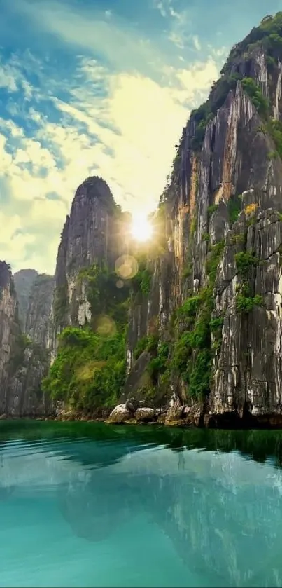 Majestic cliffs by tranquil turquoise sea with sunlight.