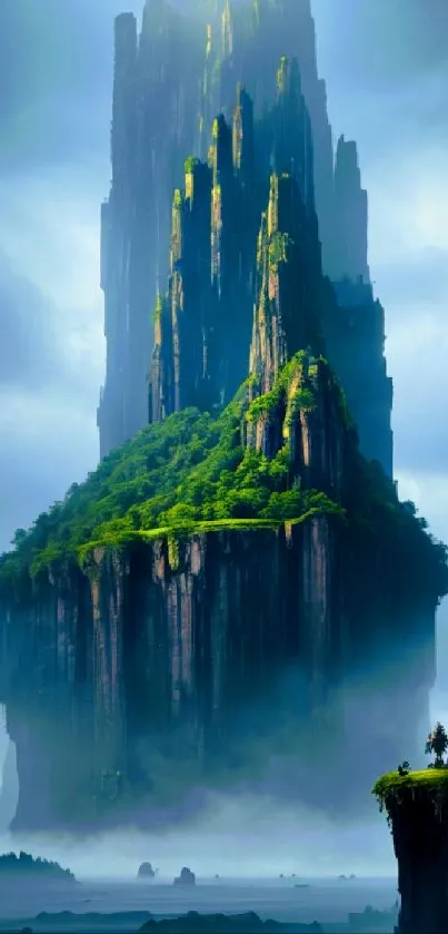 Tall cliff island with lush greenery and misty sky.