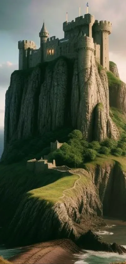 Medieval castle atop a cliff with ocean view.