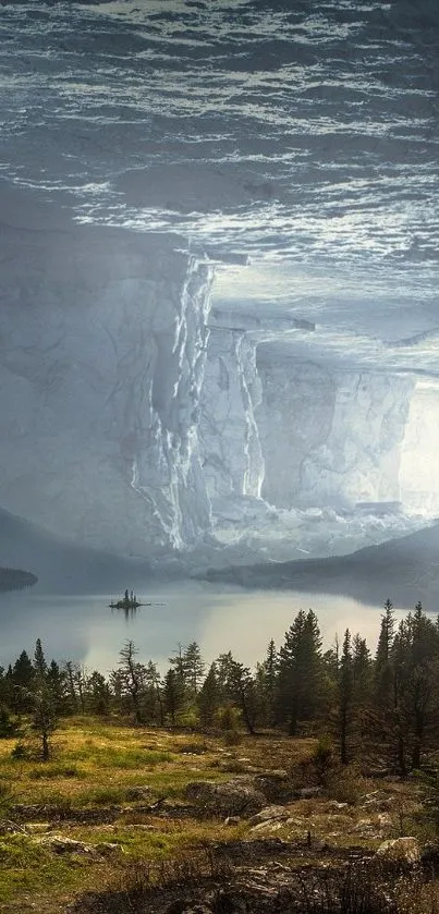 Landscape wallpaper with cliffs and river under sky.