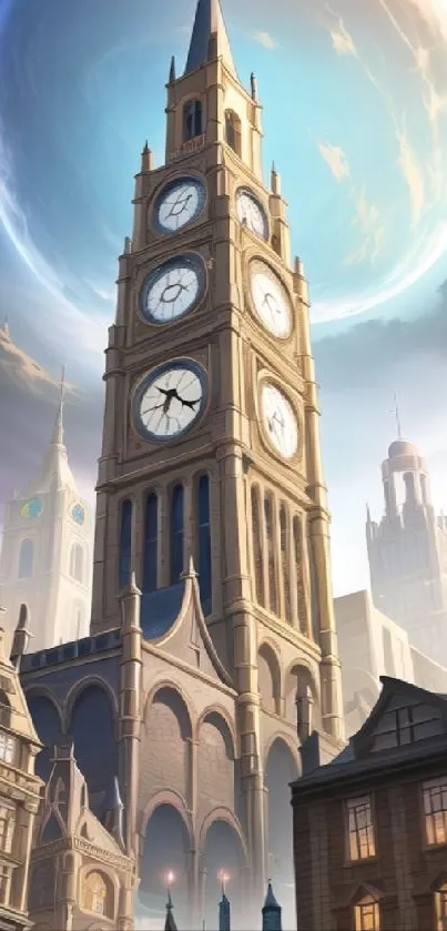 Majestic clock tower under a surreal sky in a digital artwork.