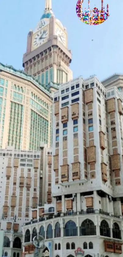 Iconic clock tower with modern buildings under a bright blue sky.