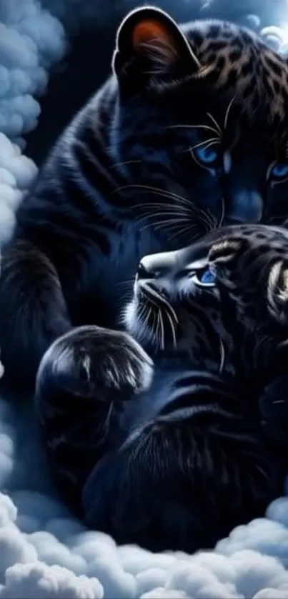 Two leopards nestled in cloudy surroundings with blue tones.