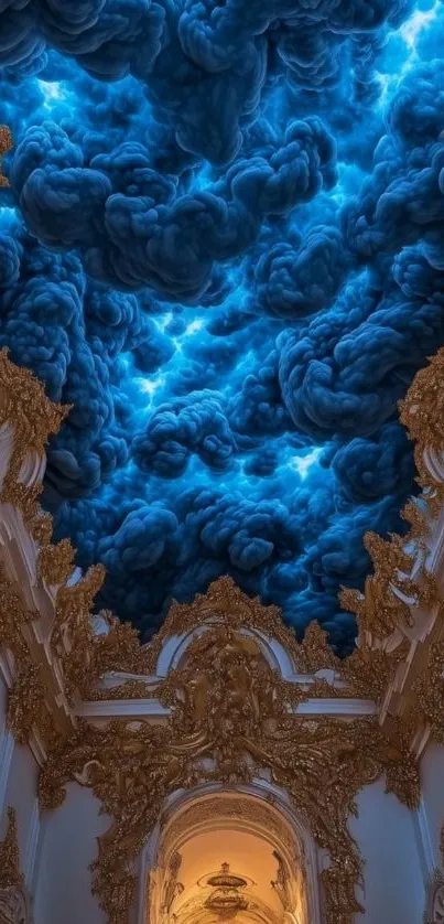 Ornate golden hall with mystical blue clouds ceiling.