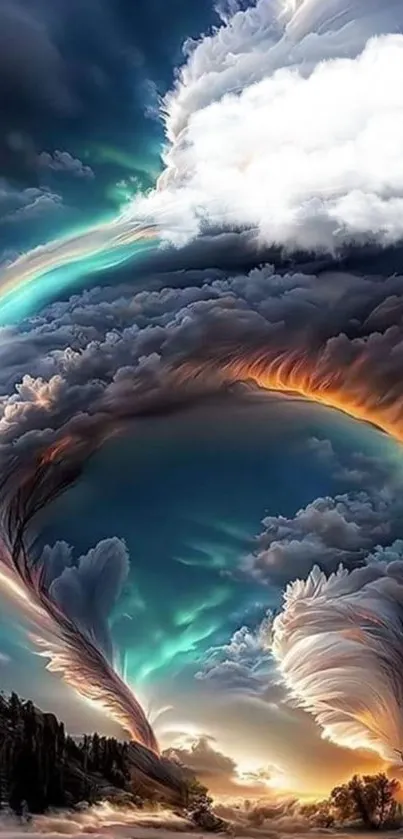 Majestic fantasy cloudscape with swirling colors and ethereal sky.