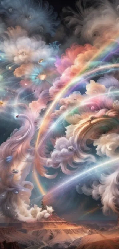 Fantasy cloudscape with rainbows in vibrant colors.