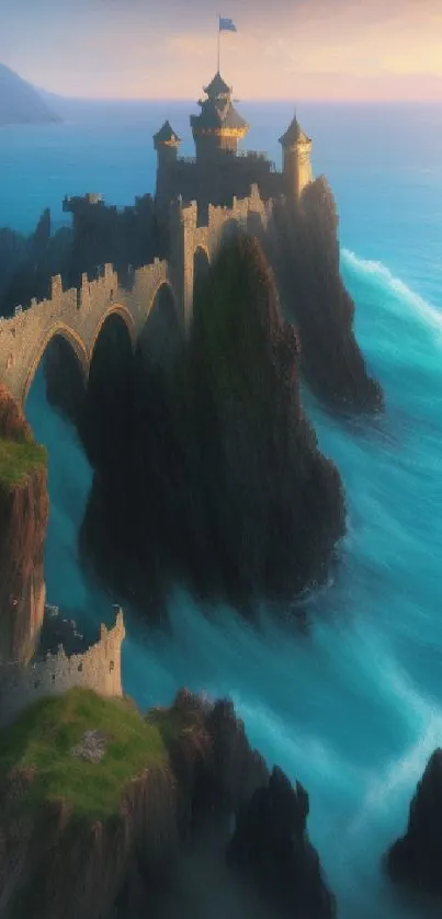 Majestic coastal castle overlooking turquoise sea at sunset, with dramatic cliffs.