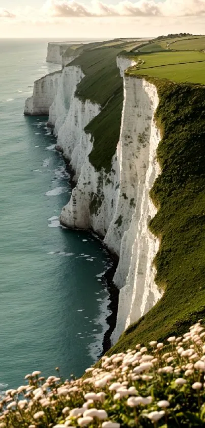 Scenic view of white cliffs by a calm sea with lush greenery.